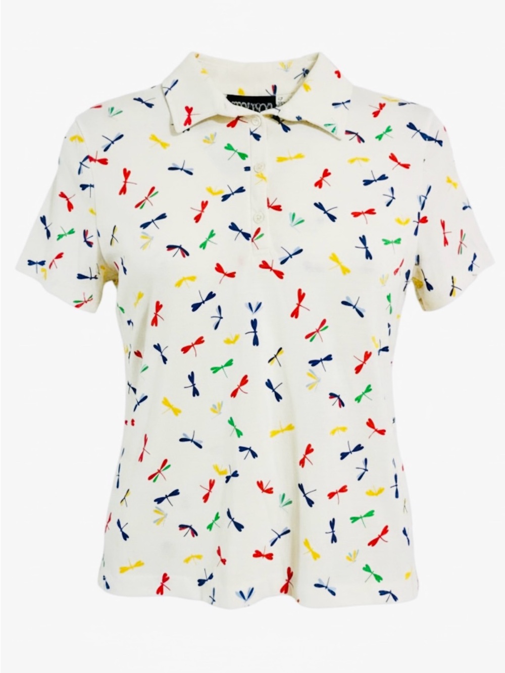 Madison White Polo Top with Red, Navy, Yellow, and Green Bow Motif